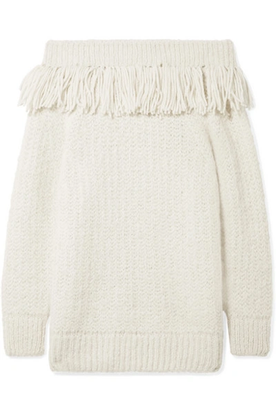 Shop Eleven Six Bailey Fringed Off-the-shoulder Alpaca-blend Sweater In White