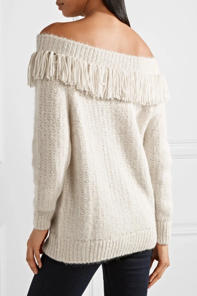 Shop Eleven Six Bailey Fringed Off-the-shoulder Alpaca-blend Sweater In White