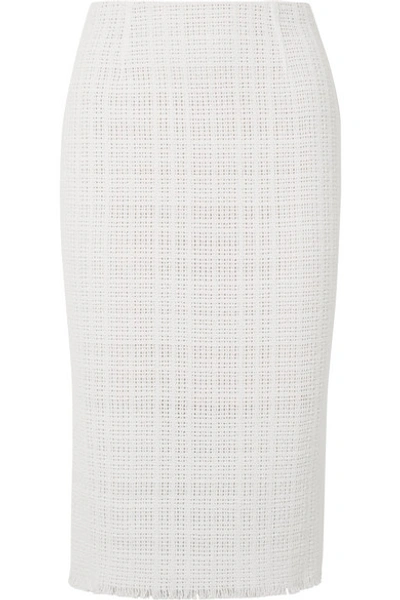 Shop Roland Mouret Ryehill Stretch Crepe-paneled Crochet-knit Cotton Pencil Skirt In White