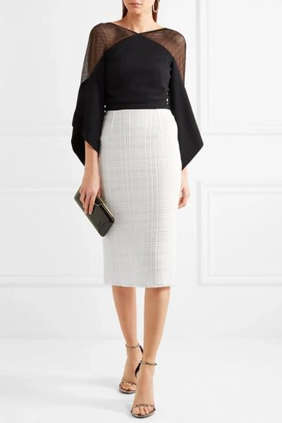 Shop Roland Mouret Ryehill Stretch Crepe-paneled Crochet-knit Cotton Pencil Skirt In White