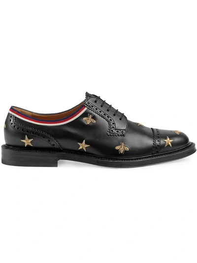 Shop Gucci Leather Embroidered Brogue Shoe - Black