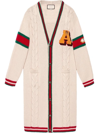 Shop Gucci Embroidered Chunky Cable Knit Cardigan - White