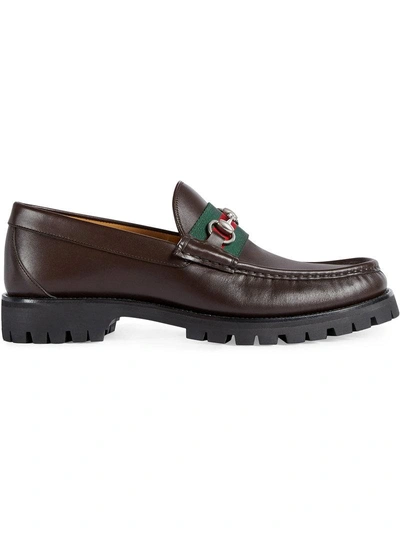 Shop Gucci Leather Web Horsebit Loafers - Brown