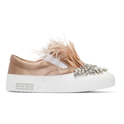 Shop Miu Miu White & Pink Feather Crystal Slip-on Trainers