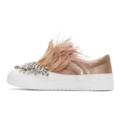 Shop Miu Miu White & Pink Feather Crystal Slip-on Sneakers
