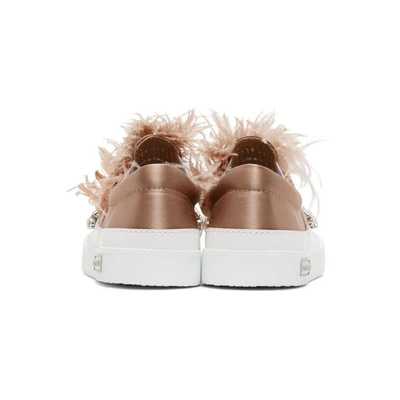 Shop Miu Miu White & Pink Feather Crystal Slip-on Trainers