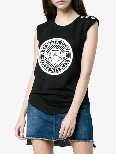 Shop Balmain Sleeveless Logo Print Top In Black