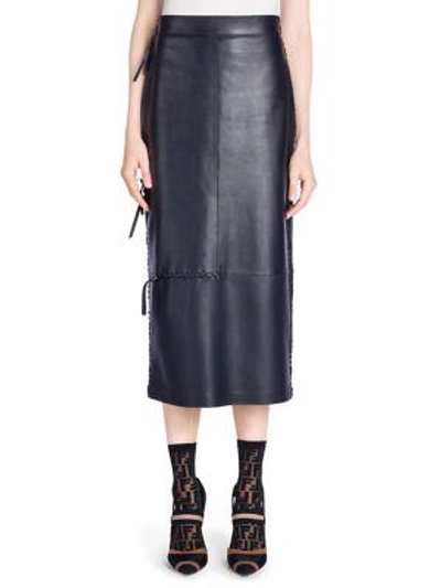 Shop Fendi Leather Stitch Pencil Skirt In Navy