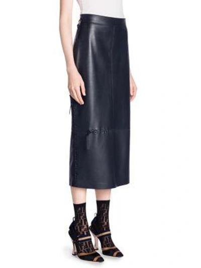 Shop Fendi Leather Stitch Pencil Skirt In Navy