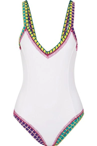 Shop Kiini Yaz Crochet-trimmed Swimsuit In White