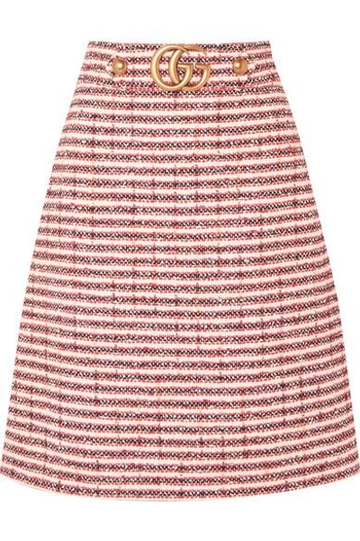 Shop Gucci Embellished Striped Tweed Skirt In Red