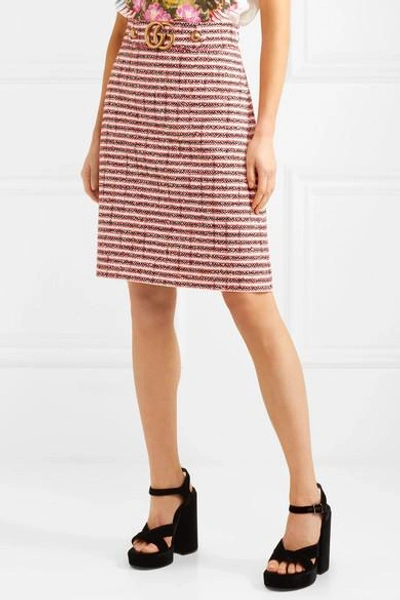 Shop Gucci Embellished Striped Tweed Skirt In Red