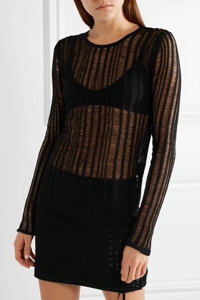 Shop Saint Laurent Striped Open-knit Linen And Silk-blend Top In Black