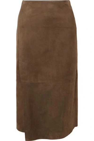 Shop Vince Wrap-effect Suede Midi Skirt In Chocolate