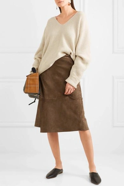Shop Vince Wrap-effect Suede Midi Skirt In Chocolate
