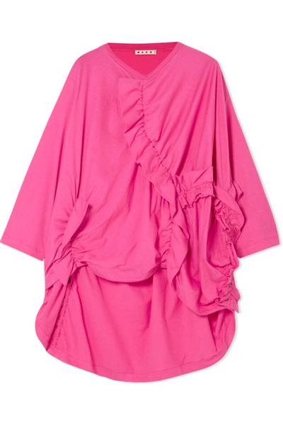 Shop Marni Ruched Cotton-jersey T-shirt In Pink