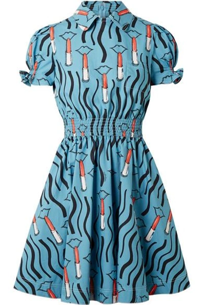 Shop Valentino Smocked Printed Cotton-poplin Mini Dress In Light Blue