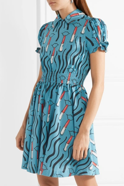 Shop Valentino Smocked Printed Cotton-poplin Mini Dress In Light Blue