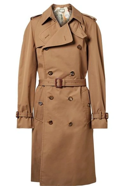 Shop Gucci Appliquéd Cotton-blend Gabardine Trench Coat In Mushroom