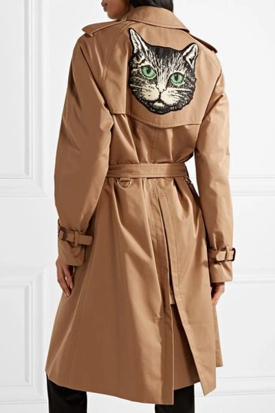 Shop Gucci Appliquéd Cotton-blend Gabardine Trench Coat In Mushroom