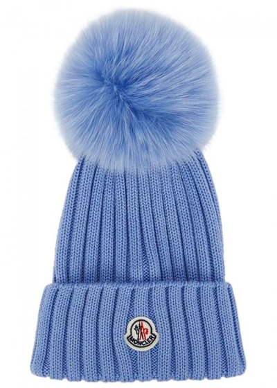 Shop Moncler Blue Fur Pompom Wool Beanie In Light Blue