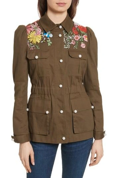 Shop Veronica Beard Huxley Floral Embroidered Safari Jacket In Army