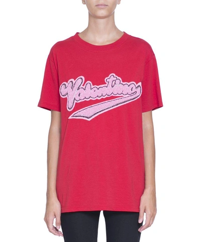 Shop Valentino Embroidered Cotton T-shirt In Rosso
