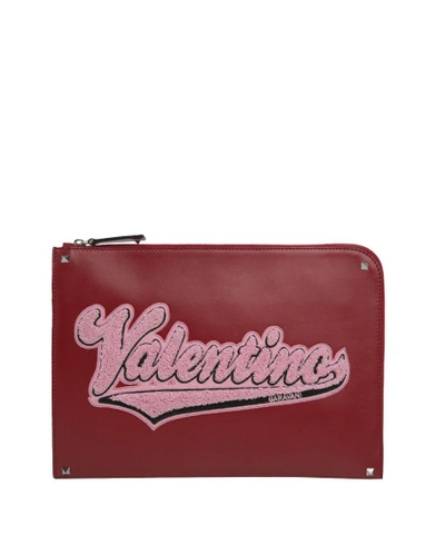 Shop Valentino Logo Leather Clutch In Rosso