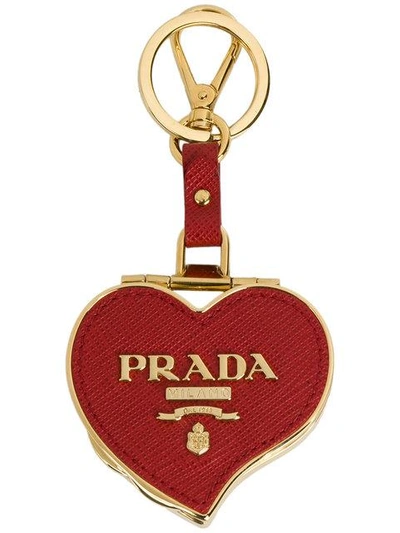 Shop Prada Saffiano Heart Keychain In Red
