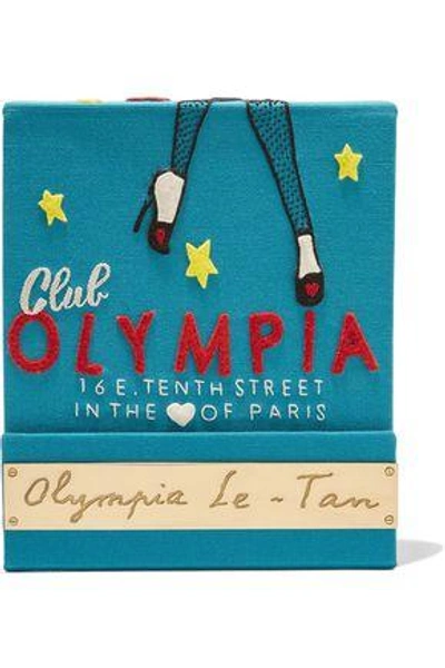 Shop Olympia Le-tan Matchbook Felt-appliquéd Cotton-faille Clutch In Teal