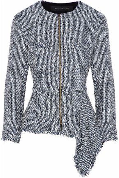 Shop Roland Mouret Woman Frayed Tweed Jacket Navy