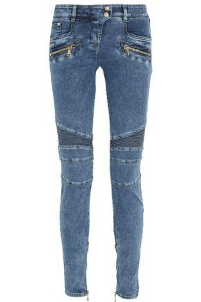 Shop Balmain Woman Moto-style Mid-rise Skinny Jeans Blue