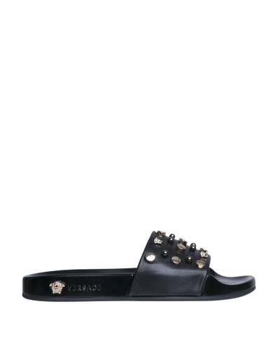 Shop Versace Medusa Studded Leather Slides In Nero