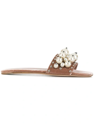 Shop Miu Miu Pearl-embellished Velvet Sandals