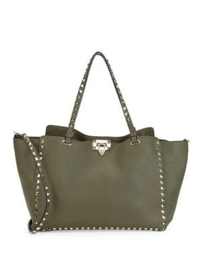 Shop Valentino Medium Rockstud Leather Tote In Army Green