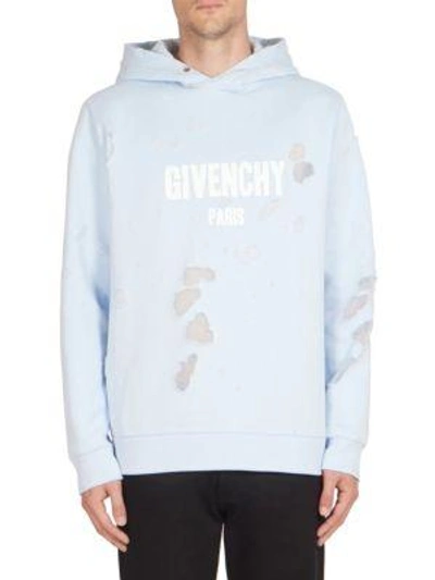 Givenchy Cuban Destroyed Logo Cotton Hoodie In Blue | ModeSens