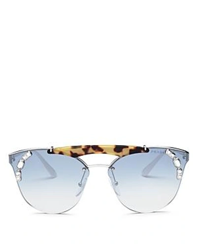 Shop Prada Mirrored Brow Bar Round Embellished Sunglasses, 42mm In Silver/medium Havana/light Blue Gradient Silver Mirror