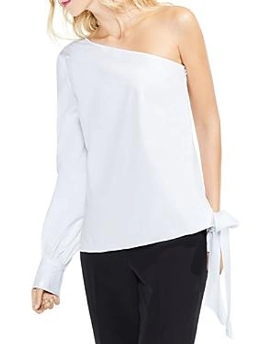 Shop Vince Camuto One-sleeve Side Tie Poplin Top In Ultra White