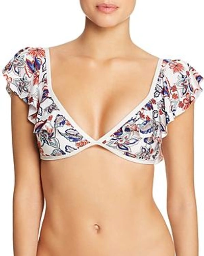 Shop Ella Moss Folktale Ruffled Retro Floral-print Bikini Top In Spice