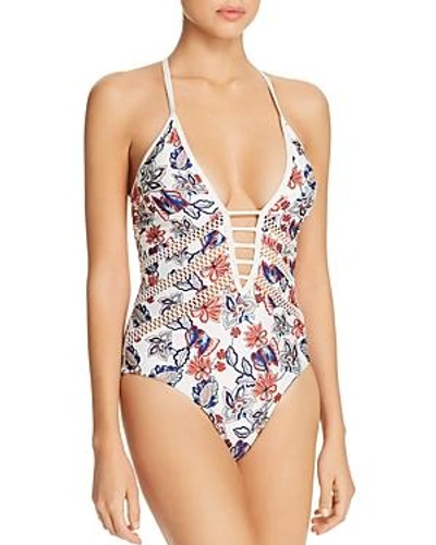Shop Ella Moss Folktale Retro Floral-print Lace-up Once Piece Swimsuit In Spice
