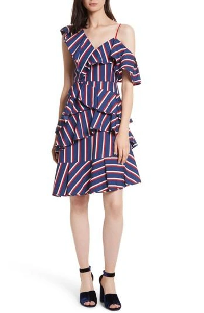 Shop Alice And Olivia Laflora Aymmetrical Ruffle Midi Dress In Collegiate Stripe