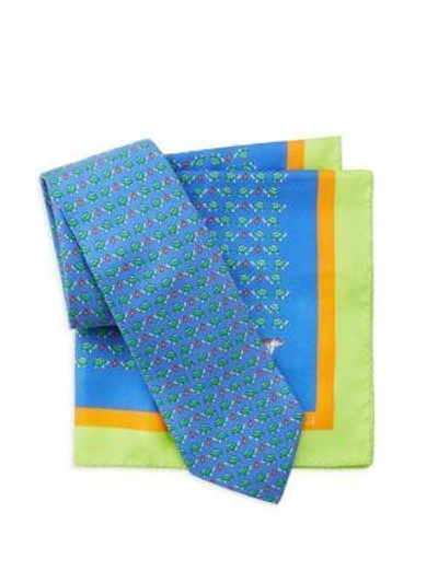 Shop Etro Two-piece Turtle Silk Tie & Pocket Square Set In Light Blue