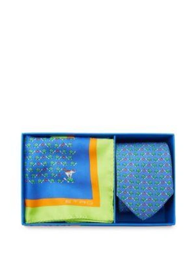 Shop Etro Two-piece Turtle Silk Tie & Pocket Square Set In Light Blue