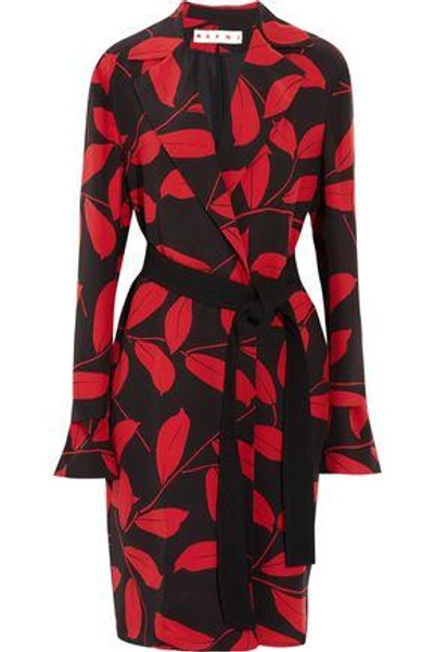 Shop Marni Woman Printed Silk Crepe De Chine Coat Red