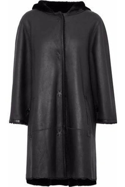 Shop Yves Salomon Woman Reversible Hooded Shearling Coat Black