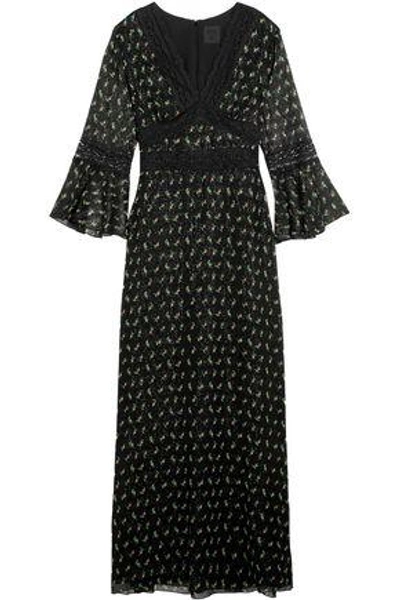 Shop Anna Sui Woman Lace-trimmed Printed Silk-blend Crepon Maxi Dress Black