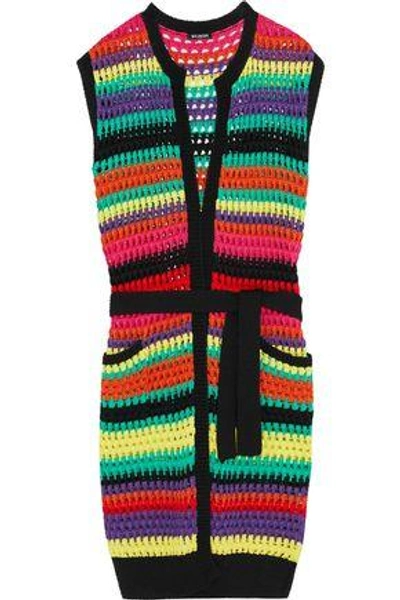 Shop Balmain Woman Belted Striped Open-knit Cardigan Multicolor