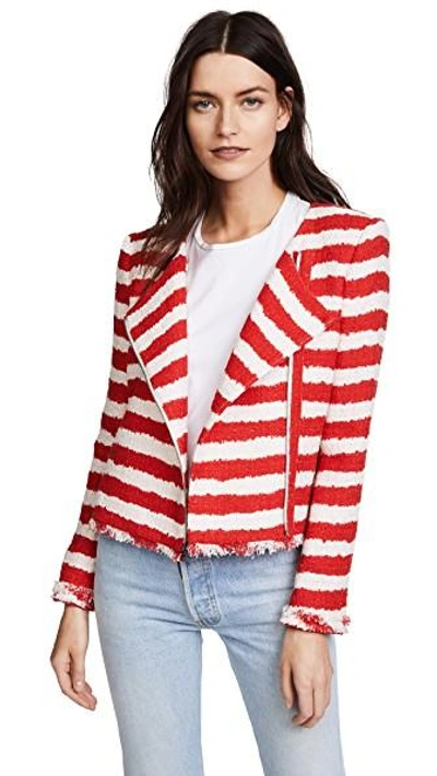 Shop Alice And Olivia Stanton Collarless Frayed Edge Jacket In Poppy/white