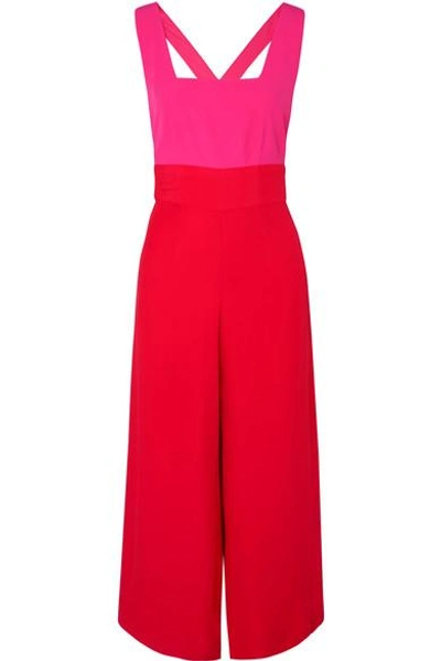 Shop Staud Joyce Cropped Two-tone Crepe De Chine Jumpsuit In Red