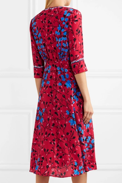 Shop Saloni Eve Floral-print Silk Crepe De Chine Midi Dress In Red